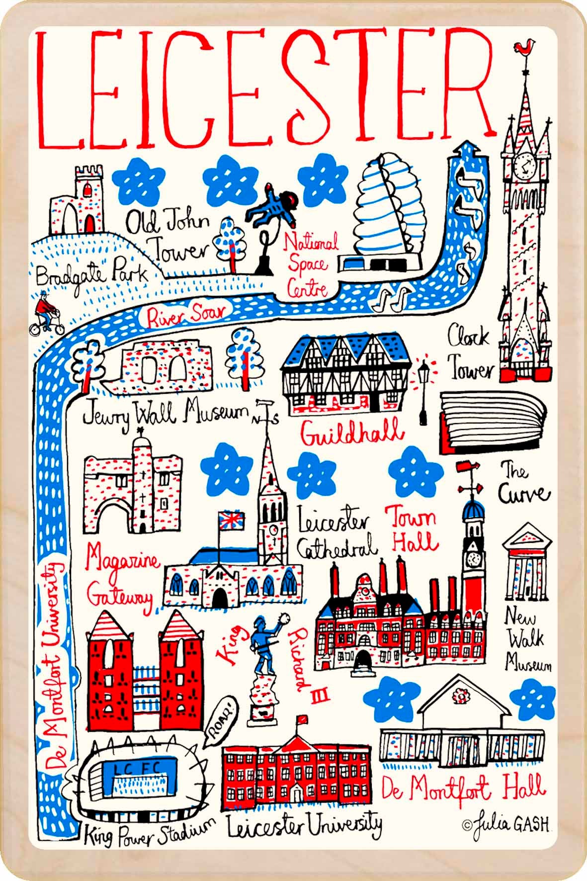 Leicester wooden postcard by Julia Gash. A sustainable, mailable keepsake—perfect for gifting or collecting. Printed in Suffolk on eco-friendly wood and handmade in the UK since 2012.