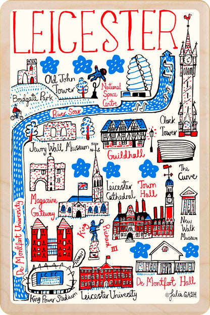 Leicester wooden postcard by Julia Gash. A sustainable, mailable keepsake—perfect for gifting or collecting. Printed in Suffolk on eco-friendly wood and handmade in the UK since 2012.