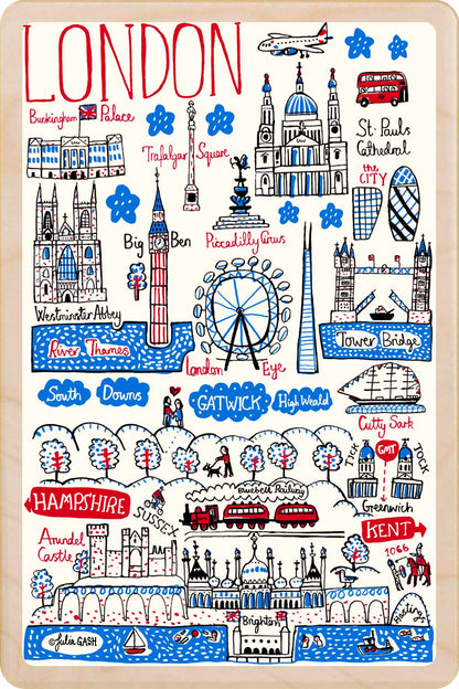 London wooden postcard by Julia Gash. A sustainable, mailable keepsake—perfect for gifting or collecting. Printed in Suffolk on eco-friendly wood and handmade in the UK since 2012.