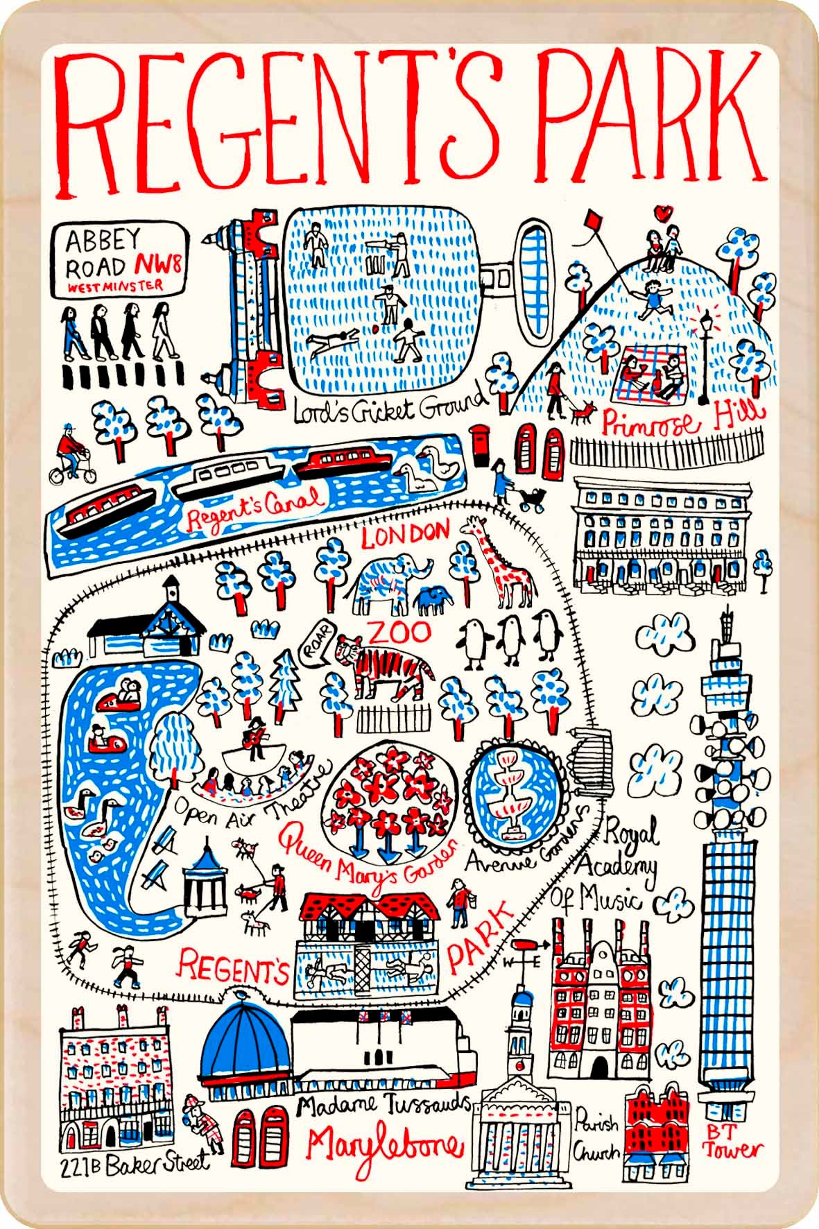 Regents Park wooden postcard by Julia Gash. A sustainable, mailable keepsake—perfect for gifting or collecting. Printed in Suffolk on eco-friendly wood and handmade in the UK since 2012.