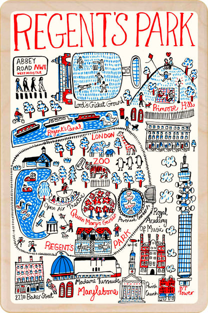 Regents Park wooden postcard by Julia Gash. A sustainable, mailable keepsake—perfect for gifting or collecting. Printed in Suffolk on eco-friendly wood and handmade in the UK since 2012.