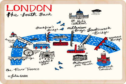 South Bank wooden postcard by Julia Gash. A sustainable, mailable keepsake—perfect for gifting or collecting. Printed in Suffolk on eco-friendly wood and handmade in the UK since 2012.