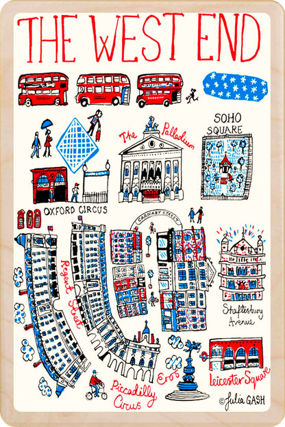London, The West End wooden postcard by Julia Gash. A sustainable, mailable keepsake—perfect for gifting or collecting. Printed in Suffolk on eco-friendly wood and handmade in the UK since 2012.