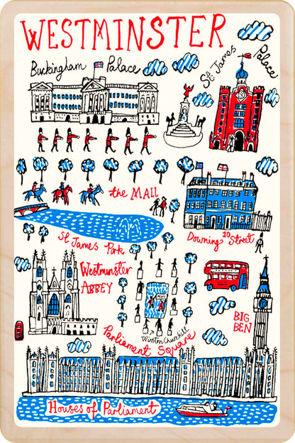 London Westminster wooden postcard by Julia Gash. A sustainable, mailable keepsake—perfect for gifting or collecting. Printed in Suffolk on eco-friendly wood and handmade in the UK since 2012.