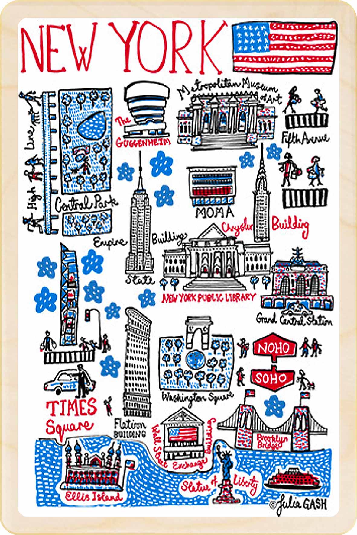 Illustrated map of New York City with famous landmarks and the American flag. New York City – Eco-friendly Card Wooden Postcard. A smart, eco-friendly card and gift.