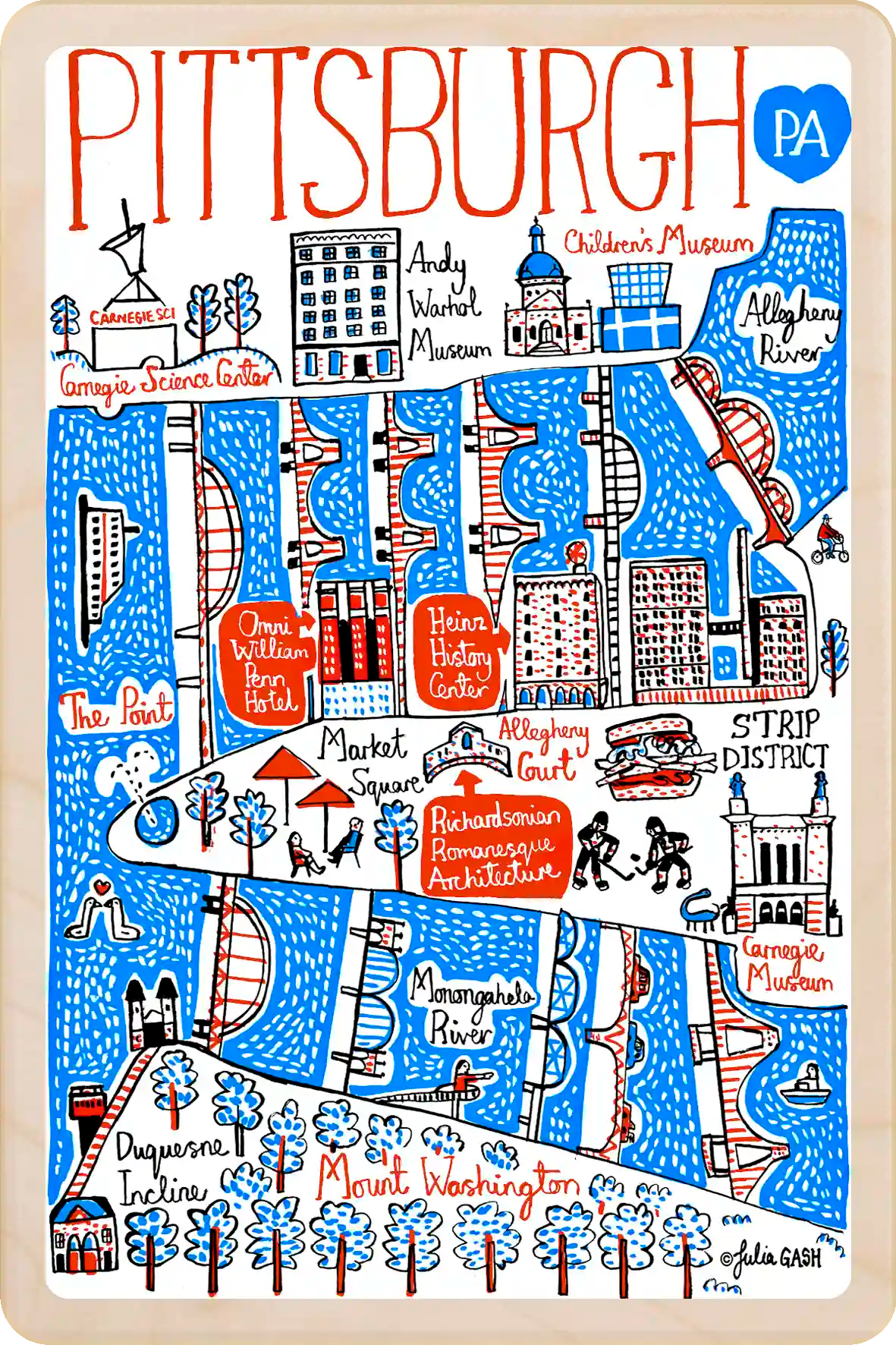 Pittsburgh, Pennsylvania Doodle Map Travel Art Wooden Postcard to send, gift, and keep. The Wooden Postcard Company