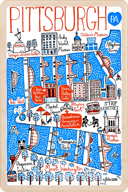 Pittsburgh, Pennsylvania Doodle Map Travel Art Wooden Postcard to send, gift, and keep. The Wooden Postcard Company