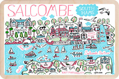 Salcombe, Devon wooden postcard by Julia Gash. A sustainable, mailable keepsake—perfect for gifting or collecting. Printed in Suffolk on eco-friendly wood and handmade in the UK since 2012.