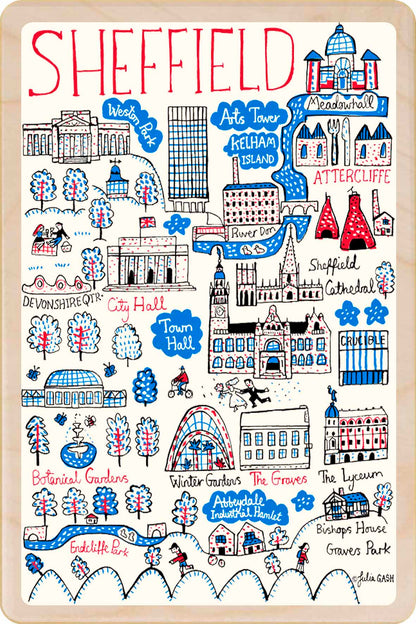 Sheffield wooden postcard by Julia Gash. A sustainable, mailable keepsake—perfect for gifting or collecting. Printed in Suffolk on eco-friendly wood and handmade in the UK since 2012.
