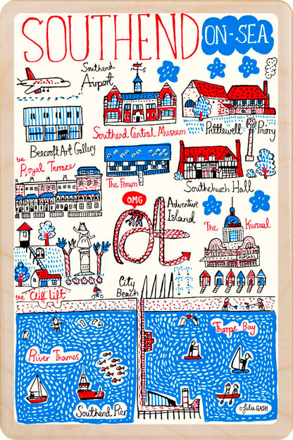 Southend wooden postcard by Julia Gash. A sustainable, mailable keepsake—perfect for gifting or collecting. Printed in Suffolk on eco-friendly wood and handmade in the UK since 2012.