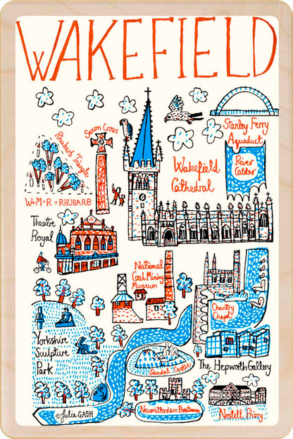 Wakefield wooden postcard by Julia Gash. A sustainable, mailable keepsake—perfect for gifting or collecting. Printed in Suffolk on eco-friendly wood and handmade in the UK since 2012.