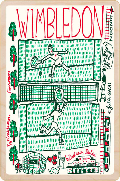 Wimbledon wooden postcard by Julia Gash. A sustainable, mailable keepsake—perfect for gifting or collecting. Printed in Suffolk on eco-friendly wood and handmade in the UK since 2012.