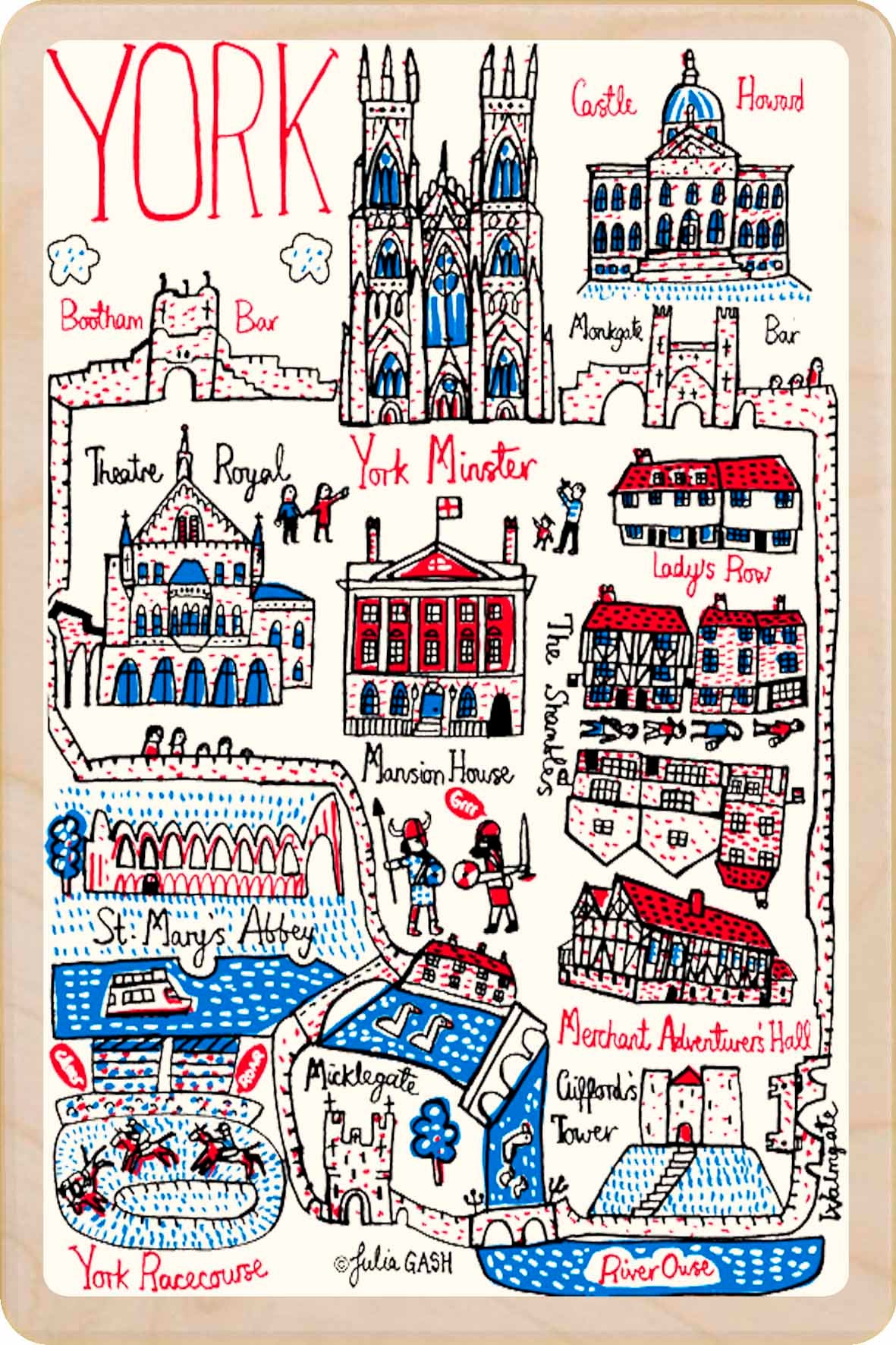 York wooden postcard by Julia Gash. A sustainable, mailable keepsake—perfect for gifting or collecting. Printed in Suffolk on eco-friendly wood and handmade in the UK since 2012.