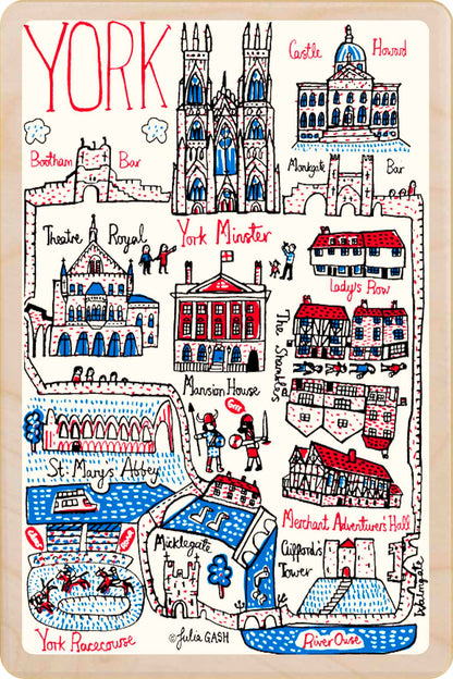 York wooden postcard by Julia Gash. A sustainable, mailable keepsake—perfect for gifting or collecting. Printed in Suffolk on eco-friendly wood and handmade in the UK since 2012.