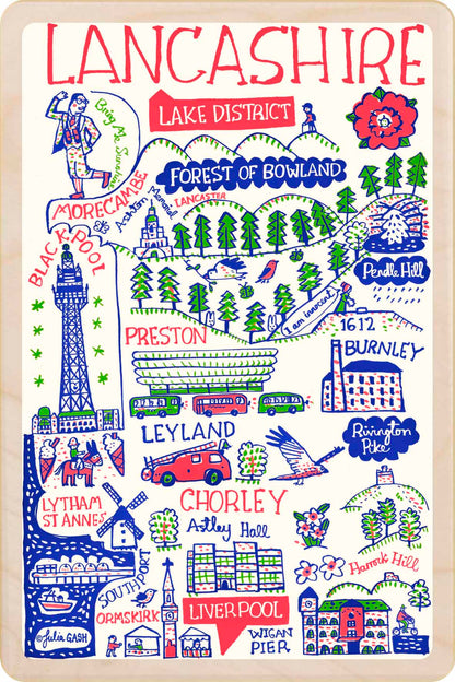 Lancashire wooden postcard by Julia Gash. A sustainable, mailable keepsake—perfect for gifting or collecting. Printed in Suffolk on eco-friendly wood and handmade in the UK since 2012.