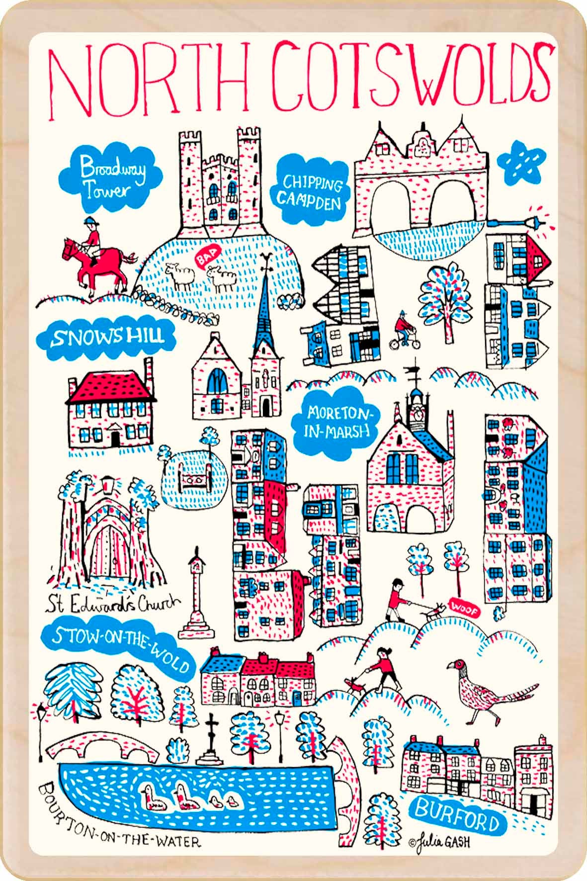 North Cotswolds wooden postcard by Julia Gash. A sustainable, mailable keepsake—perfect for gifting or collecting. Printed in Suffolk on eco-friendly wood and handmade in the UK since 2012.
