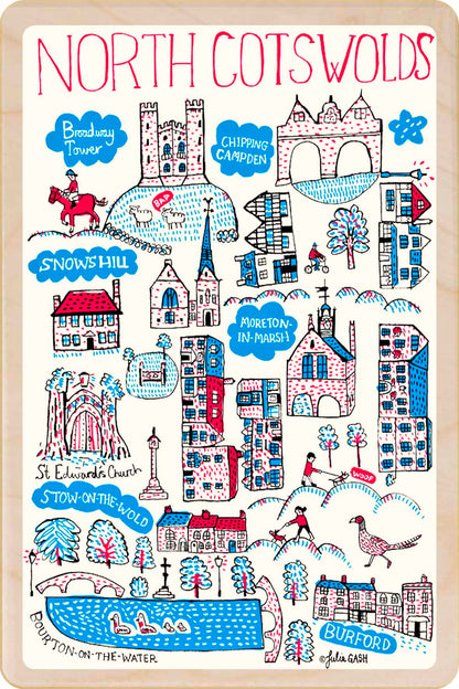 North Cotswolds wooden postcard by Julia Gash. A sustainable, mailable keepsake—perfect for gifting or collecting. Printed in Suffolk on eco-friendly wood and handmade in the UK since 2012.