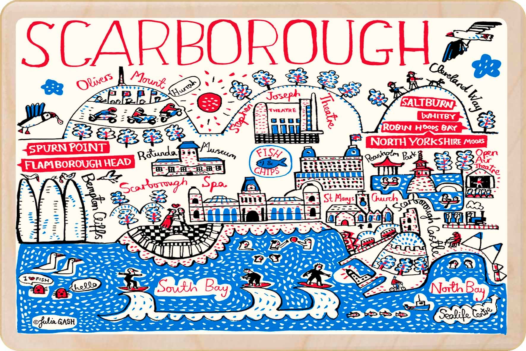 Scarborough wooden postcard by Julia Gash. A sustainable, mailable keepsake—perfect for gifting or collecting. Printed in Suffolk on eco-friendly wood and handmade in the UK since 2012.