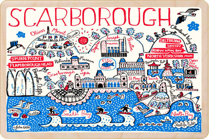 Scarborough wooden postcard by Julia Gash. A sustainable, mailable keepsake—perfect for gifting or collecting. Printed in Suffolk on eco-friendly wood and handmade in the UK since 2012.