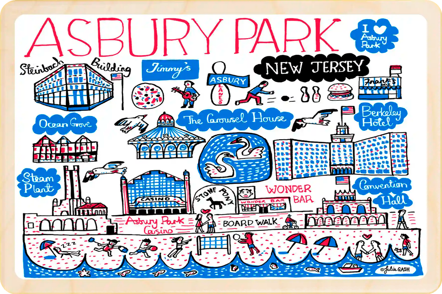 Asbury Park, New Jersey Doodle Map Travel Art Wooden Postcard to send, gift, and keep. The Wooden Postcard Company