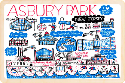 Asbury Park, New Jersey Doodle Map Travel Art Wooden Postcard to send, gift, and keep. The Wooden Postcard Company