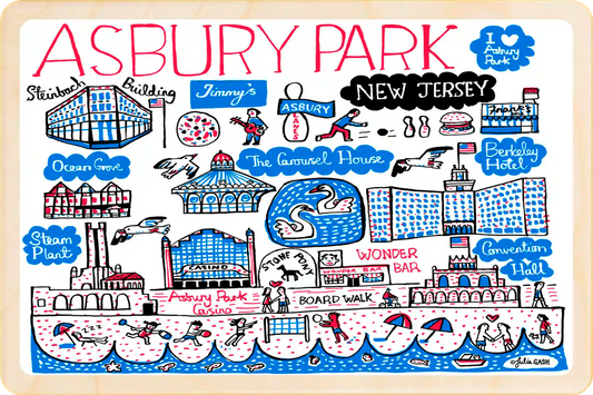 Asbury Park, New Jersey Doodle Map Travel Art Wooden Postcard to send, gift, and keep. The Wooden Postcard Company