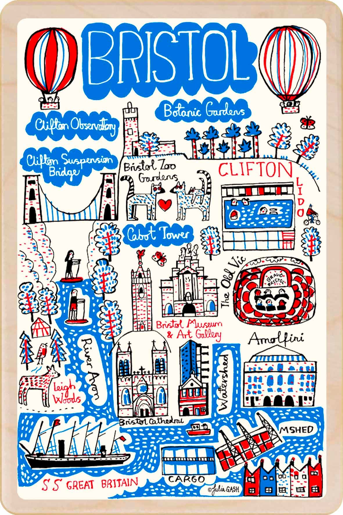 Bristol wooden postcard by Julia Gash. A sustainable, mailable keepsake—perfect for gifting or collecting. Printed in Suffolk on eco-friendly wood and handmade in the UK since 2012.