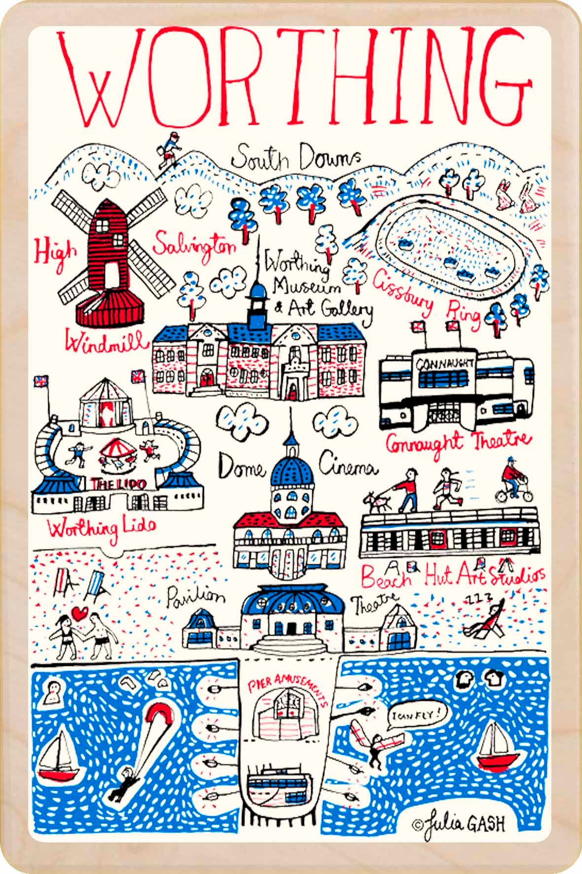Worthing wooden postcard by Julia Gash. A sustainable, mailable keepsake—perfect for gifting or collecting. Printed in Suffolk on eco-friendly wood and handmade in the UK since 2012.