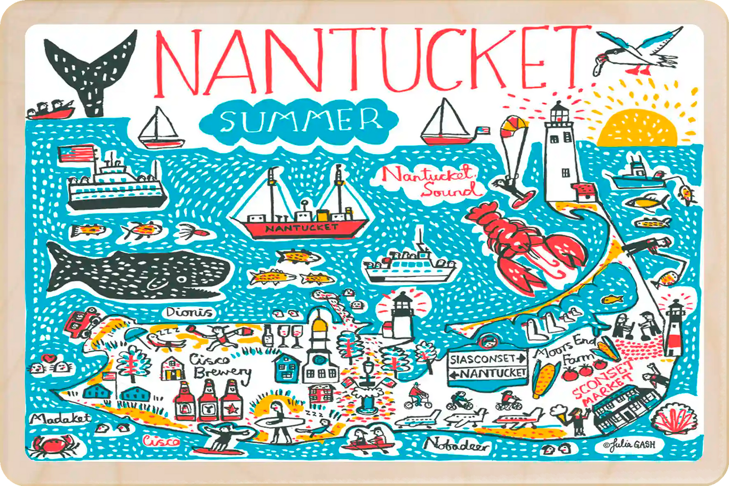 Nantucket Summer doodle map, Travel Art Wooden Postcard to send, gift, and keep. The Wooden Postcard Company