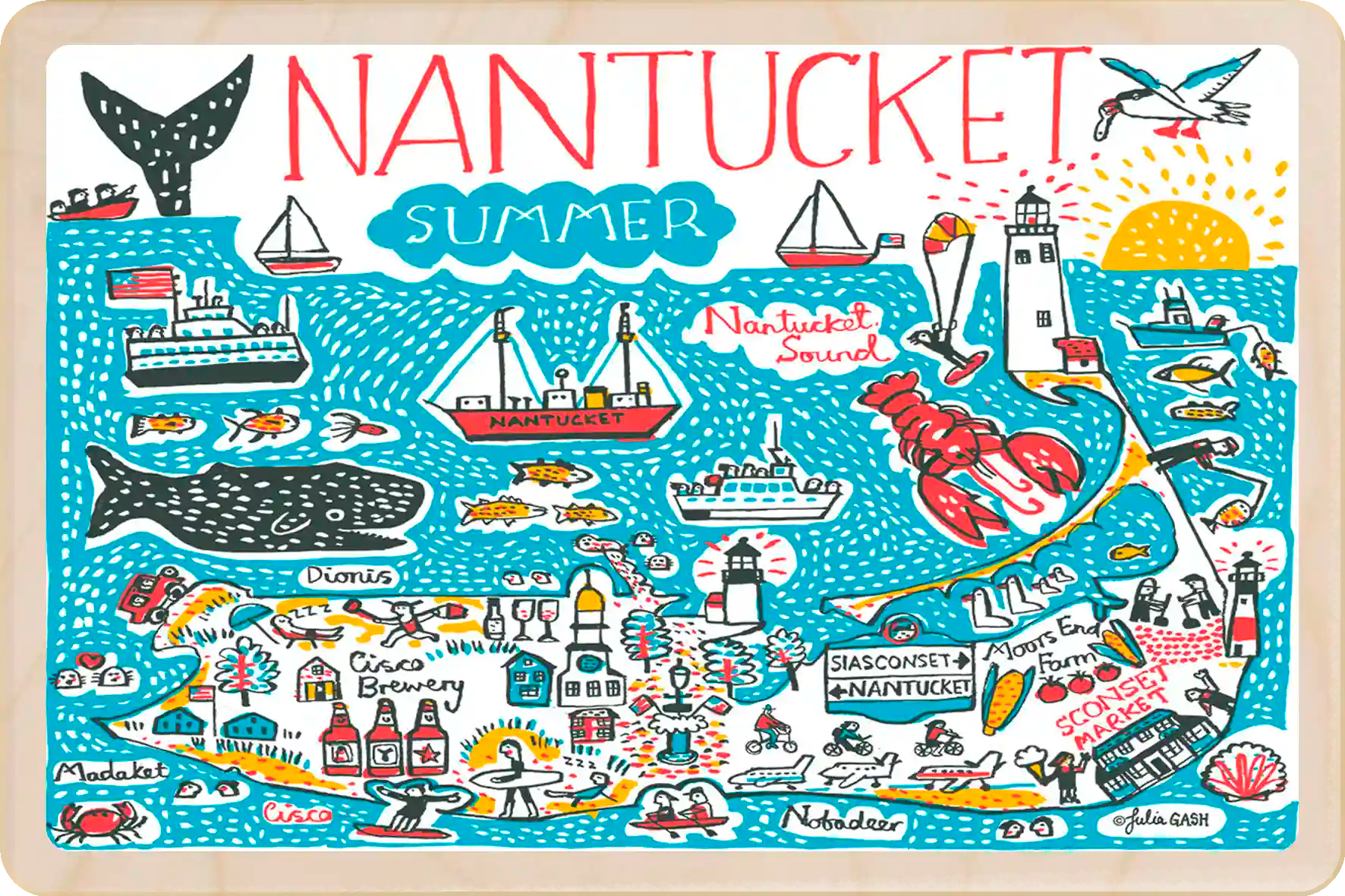 Nantucket Summer doodle map, Travel Art Wooden Postcard to send, gift, and keep. The Wooden Postcard Company