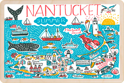 Nantucket Summer doodle map, Travel Art Wooden Postcard to send, gift, and keep. The Wooden Postcard Company