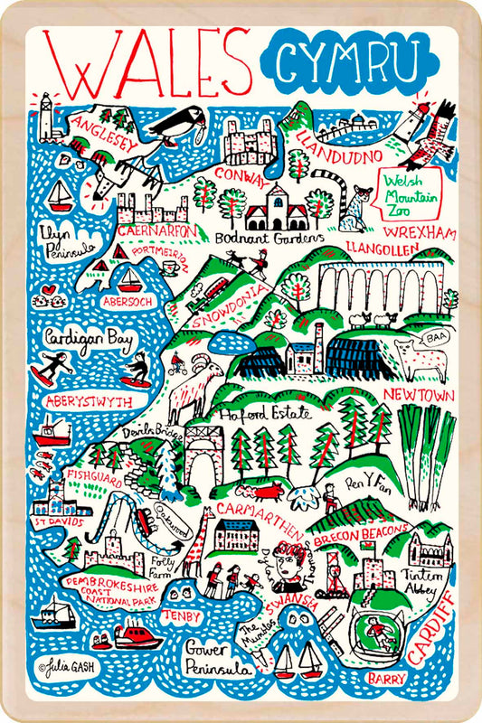 wooden postcard featuring a doodle map of Wales