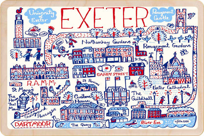 Exeter -  wooden postcard by Julia Gash. A sustainable, mailable keepsake—perfect for gifting or collecting. Printed in Suffolk on eco-friendly wood and handmade in the UK since 2012.