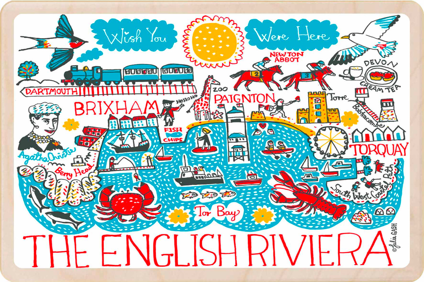 The English Riviera - wooden postcard by Julia Gash. A sustainable, mailable keepsake—perfect for gifting or collecting. Printed in Suffolk on eco-friendly wood and handmade in the UK since 2012.