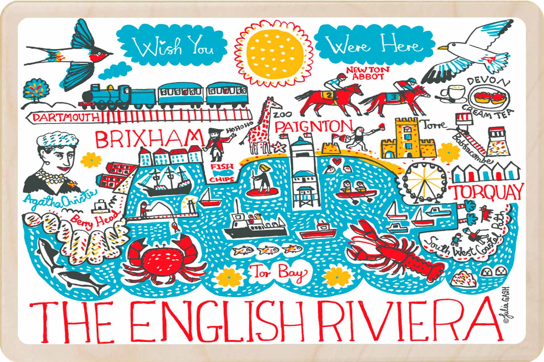The English Riviera - wooden postcard by Julia Gash. A sustainable, mailable keepsake—perfect for gifting or collecting. Printed in Suffolk on eco-friendly wood and handmade in the UK since 2012.