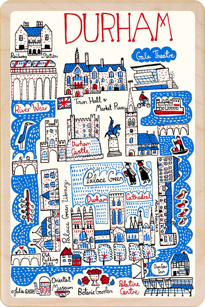 Durham - wooden postcard by Julia Gash. A sustainable, mailable keepsake—perfect for gifting or collecting. Printed in Suffolk on eco-friendly wood and handmade in the UK since 2012.