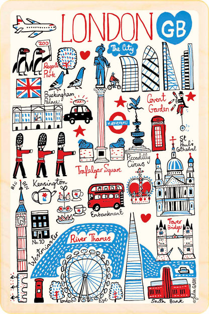 London wooden postcard by Julia Gash. A sustainable, mailable keepsake—perfect for gifting or collecting. Printed in Suffolk on eco-friendly wood and handmade in the UK since 2012.