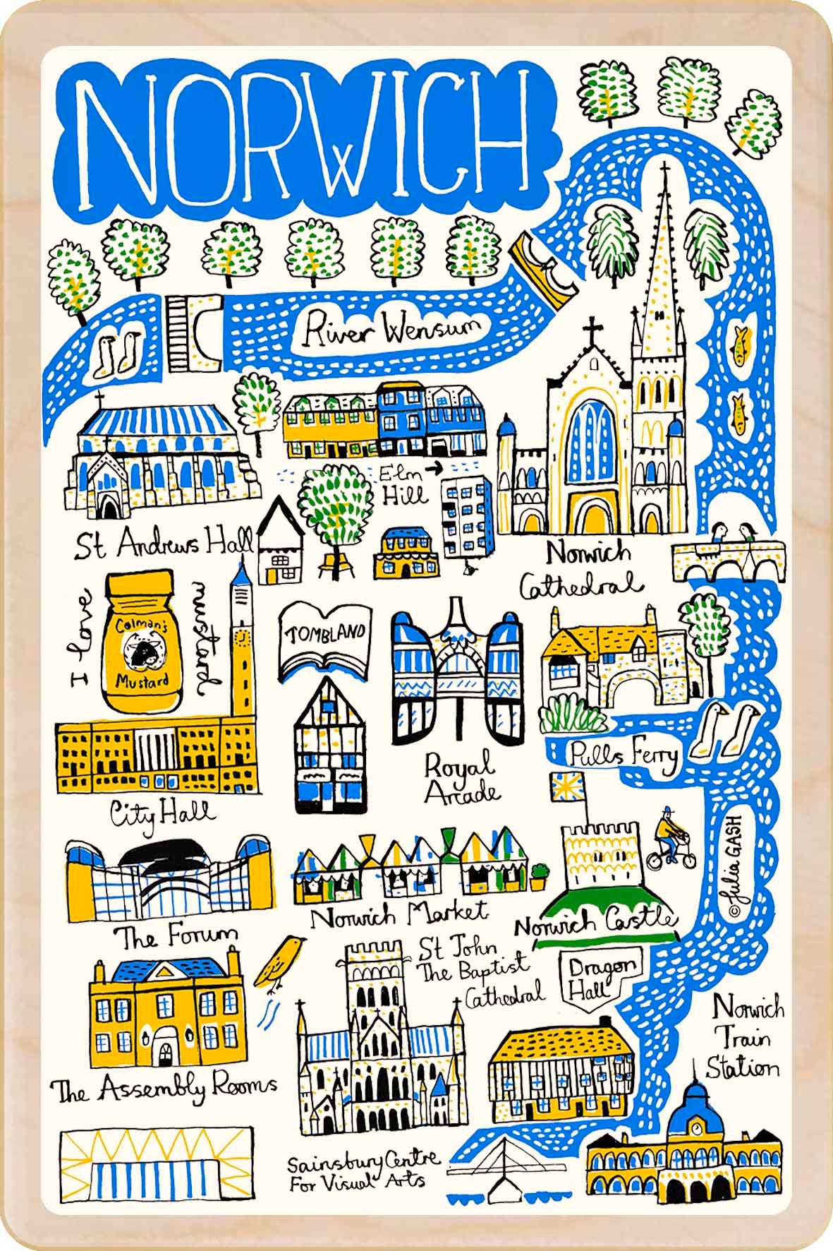 Norwich - wooden postcard by Julia Gash. A sustainable, mailable keepsake—perfect for gifting or collecting. Printed in Suffolk on eco-friendly wood and handmade in the UK since 2012.
