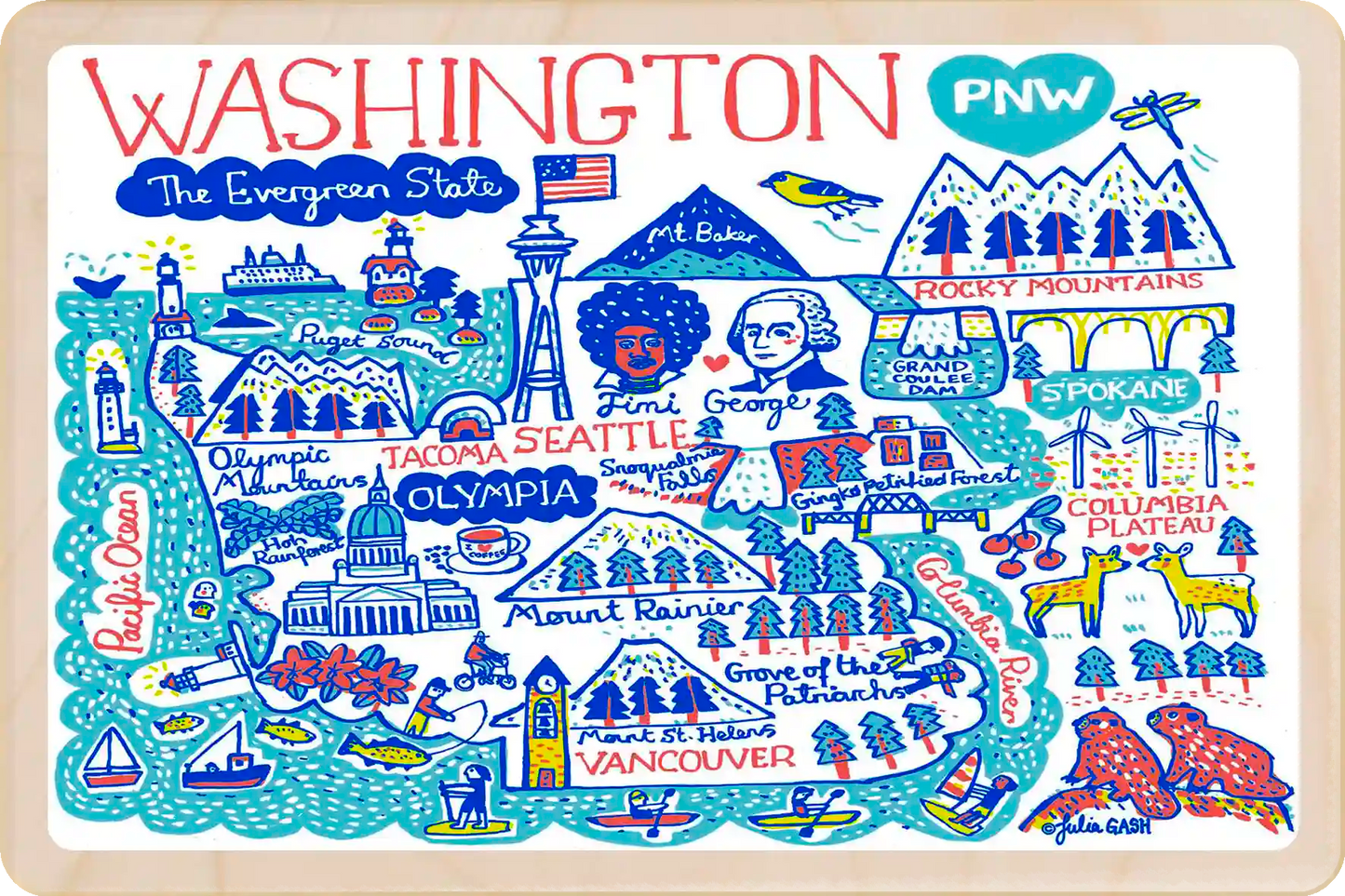 Washington State, The Evergreen State Travel Art Wooden Postcard to send, gift, and keep. The Wooden Postcard Company