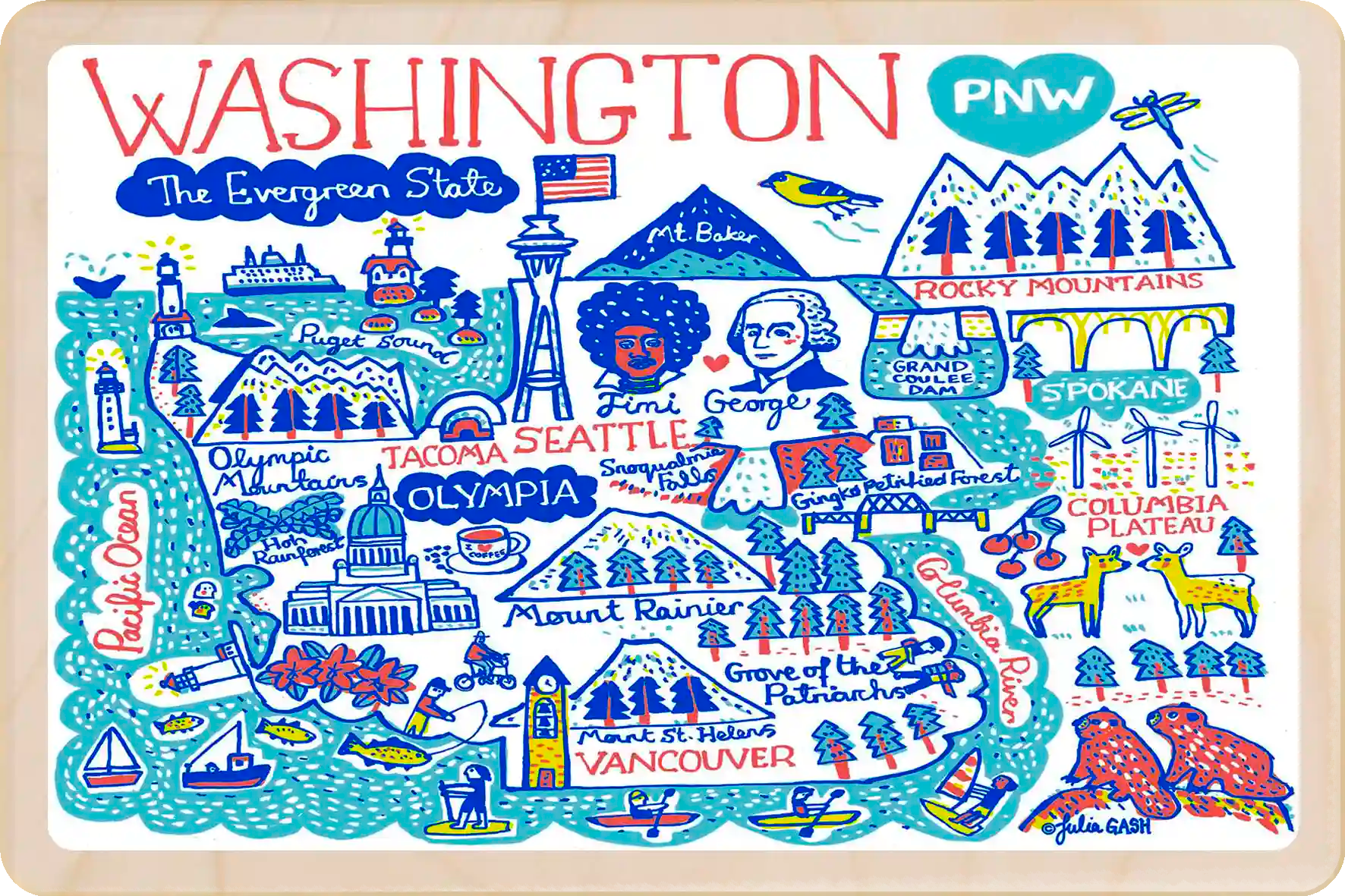 Washington State, The Evergreen State Travel Art Wooden Postcard to send, gift, and keep. The Wooden Postcard Company