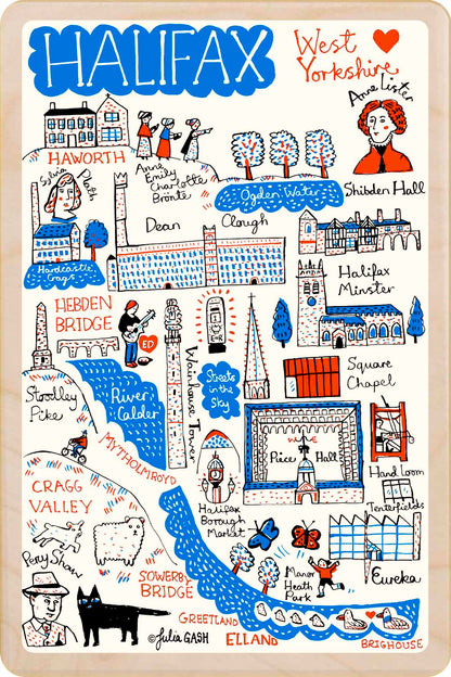 Halifax - wooden postcard by Julia Gash. A sustainable, mailable keepsake—perfect for gifting or collecting. Printed in Suffolk on eco-friendly wood and handmade in the UK since 2012.