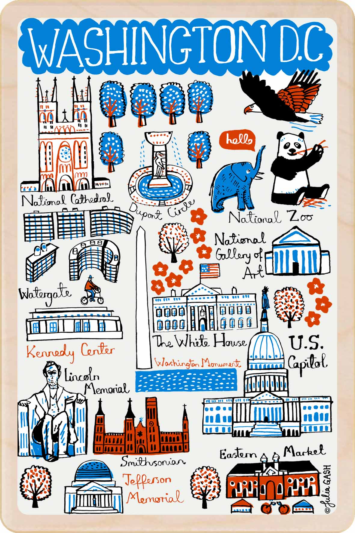 Illustrated map of Washington DC with various landmarks and attractions. Washington DC – Eco-friendly Card -Wooden Postcard

Write on the back with any pen and post worldwide with a standard stamp. A smart, eco-friendly card and gift.