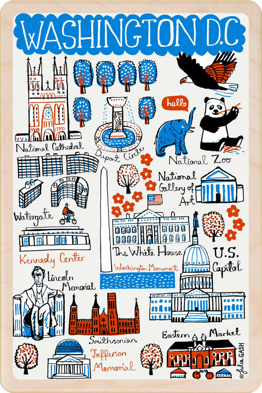 Illustrated map of Washington DC with various landmarks and attractions. Washington DC – Eco-friendly Card -Wooden Postcard

Write on the back with any pen and post worldwide with a standard stamp. A smart, eco-friendly card and gift.