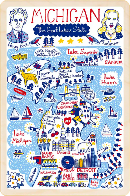 Michigan Travel Art Wooden Postcard to send, gift, and keep. The Wooden Postcard Company