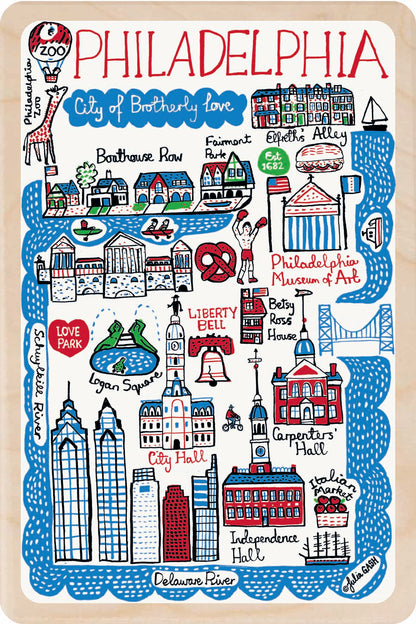 Philadelphia, Pennsylvania Doodle Map Travel Art Wooden Postcard to send, gift, and keep. The Wooden Postcard Company