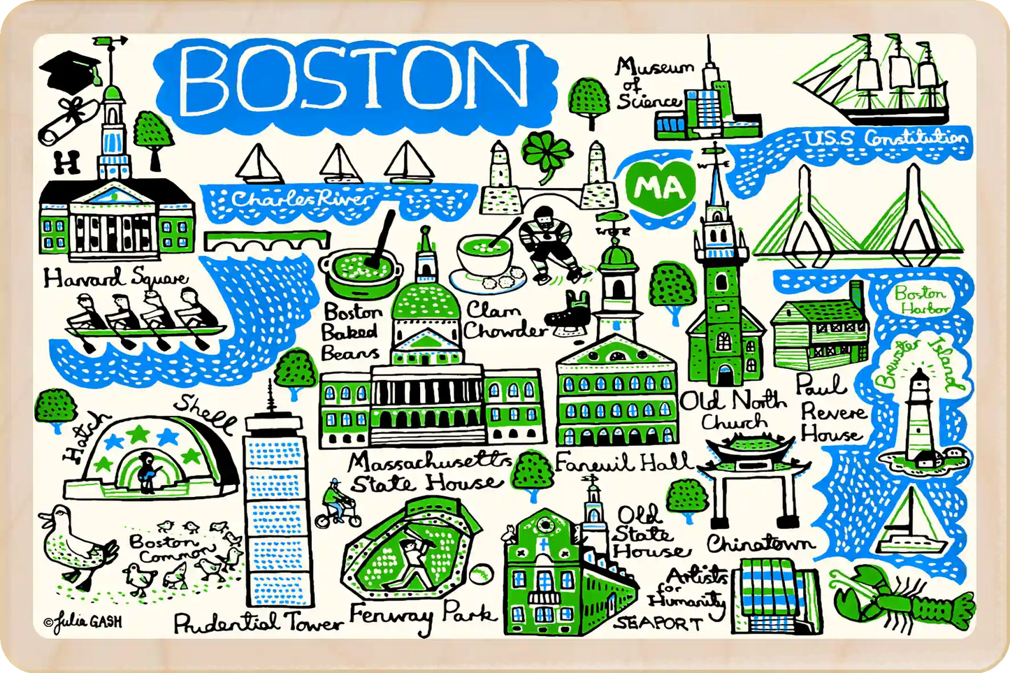 Boston, Massachusetts Doodle map Travel Art Wooden Postcard to send, gift, and keep. The Wooden Postcard Company