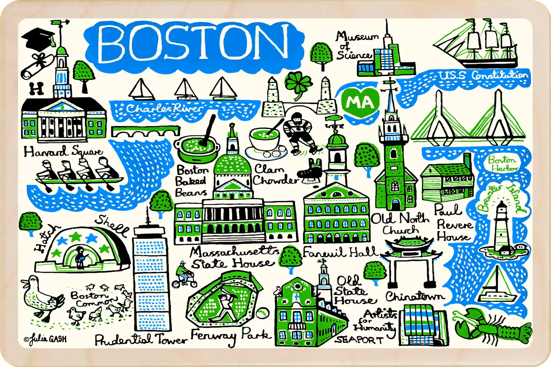 Boston, Massachusetts Doodle map Travel Art Wooden Postcard to send, gift, and keep. The Wooden Postcard Company