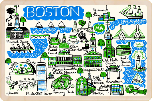 Boston, Massachusetts Doodle map Travel Art Wooden Postcard to send, gift, and keep. The Wooden Postcard Company