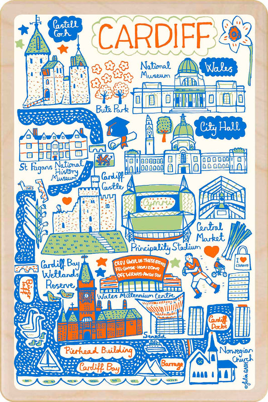 wooden postcard featuring a doodle map of Cardiff, Wales