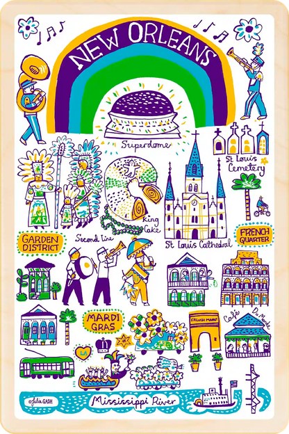 New Orleans, Louisiana Doodle Map Travel Art Wooden Postcard to send, gift, and keep. The Wooden Postcard Company